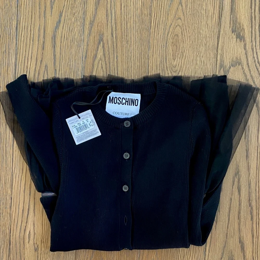 Moschino Couture Black Cardigan Sweater Jacket with Detachable Mesh Ruffled Hem
